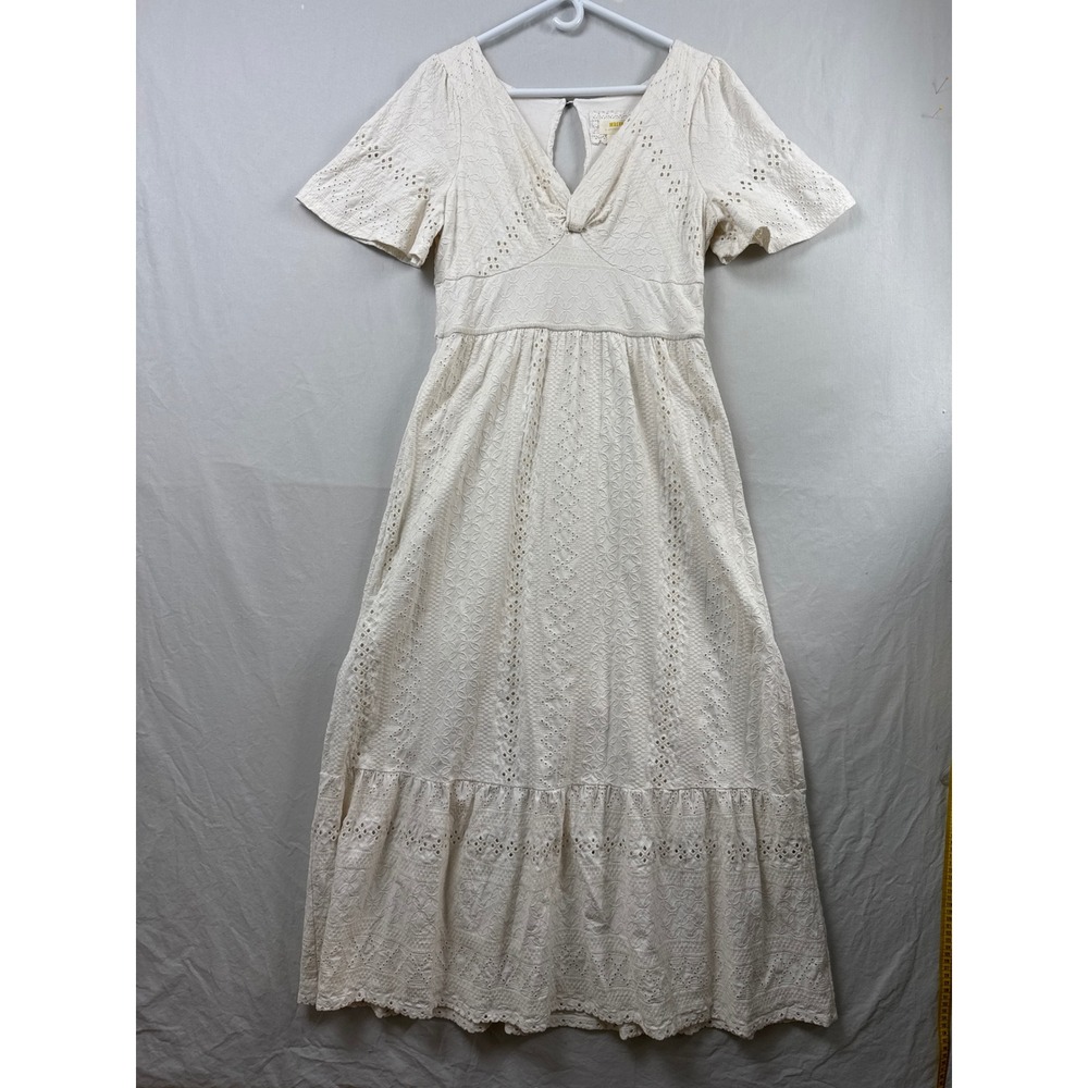 Maeve Anthropologie Maxi Dress Womens Lg Cream Eyelet Flutter Sleeve Tiered Boho